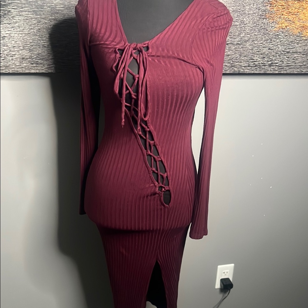 May Queen Red Ribbed Bodycon Dress V-Neck Long Sleeve